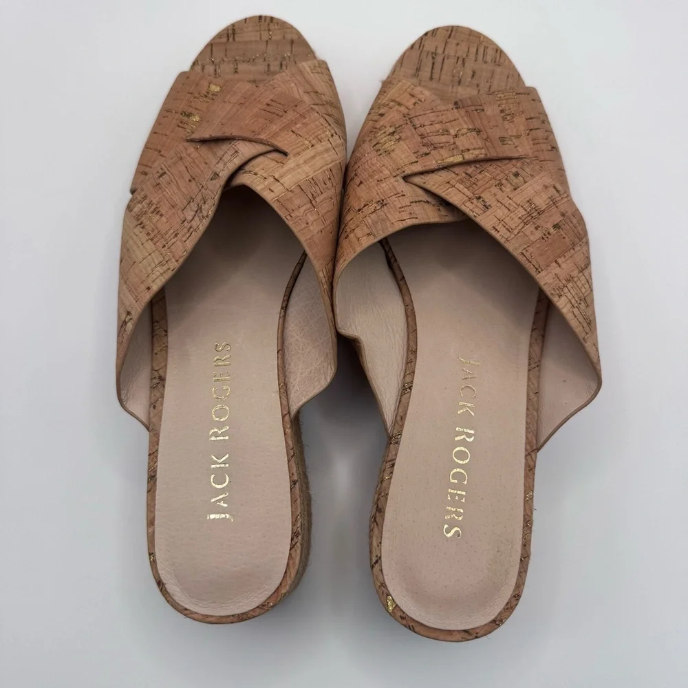 Jack Rogers Sloane Cork & Gold Wedge Espadrille Slip On Heeled Sandals Sz 10